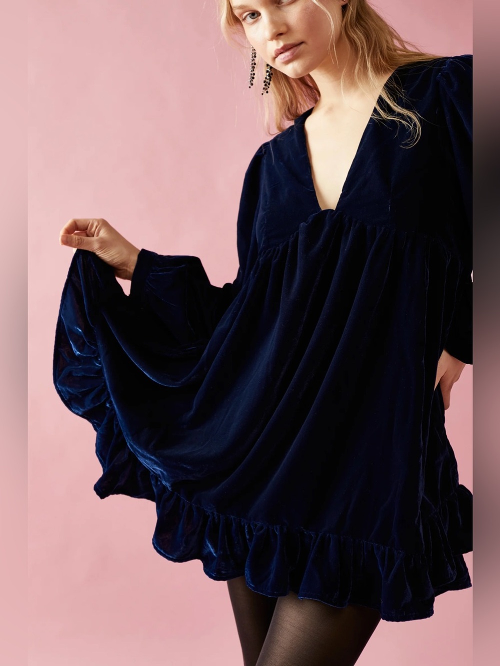 Free People Oceans Blue Estella Velvet Mini Dress, Size XS